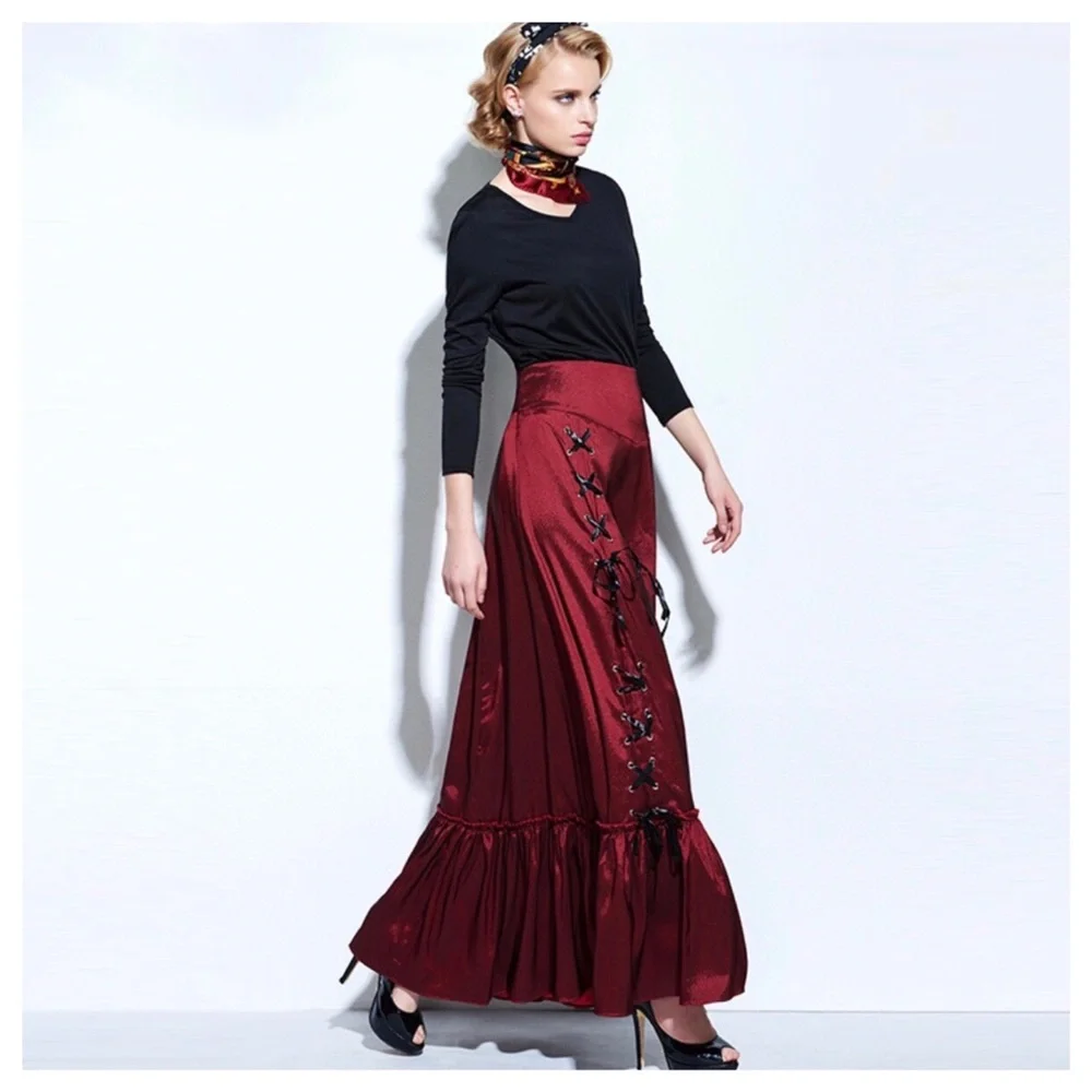 Red Silky Lace Up Trumpet Skirt - Picture 3 of 6